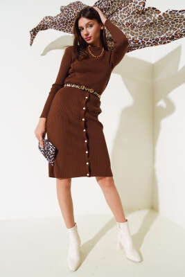 Boydan Düğmeli Midi Etekli Fitilli Triko Takım Kahve - Triko