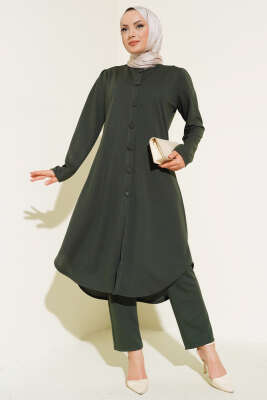 Boydan Düğmeli Tunik İkili Takım Haki - UKBE