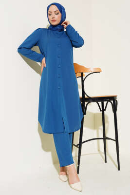 Boydan Düğmeli Tunik İkili Takım İndigo - UKBE
