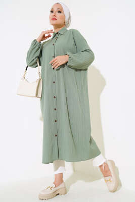 Boydan Düğmeli Uzun Tunik Çağla Yeşili
