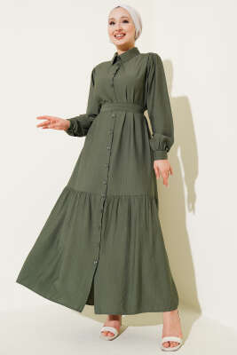 Boydan Düğmeli Volanlı Elbise Haki 