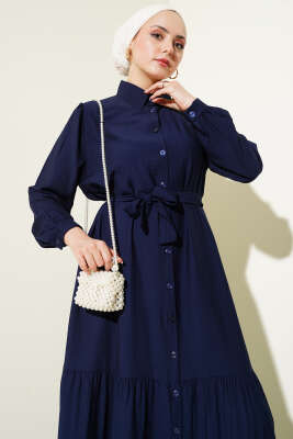 Boydan Düğmeli Volanlı Elbise Lacivert - Elbise