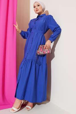 Boydan Düğmeli Volanlı Elbise Saks 