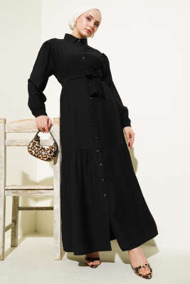 Boydan Düğmeli Volanlı Elbise Siyah 