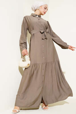 Boydan Düğmeli Volanlı Elbise Vizon 