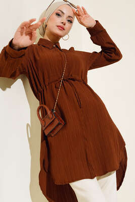 Boydan Gizli Düğmeli Tunik Kahve 