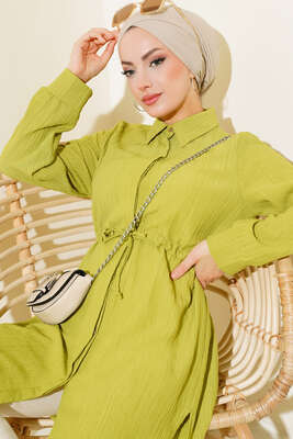 Boydan Gizli Düğmeli Tunik Yağ Yeşili 