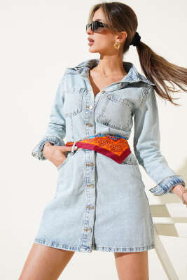 Boydan Metal Düğmeli Mini Kot Elbise Buz Mavisi - Kadın Giyim Modelleri