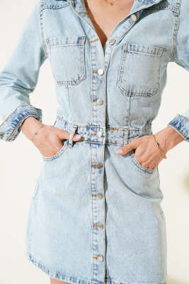 Boydan Metal Düğmeli Mini Kot Elbise Buz Mavisi - Kadın Giyim Modelleri