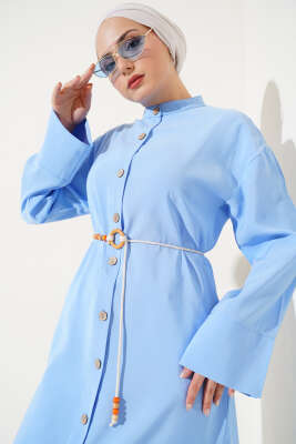 Boydan Tahta Düğmeli Tensel Elbise Mavi - Elbise