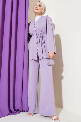 Brit Düğmeli İp Kuşaklı Tunik İkili Takım Lila
