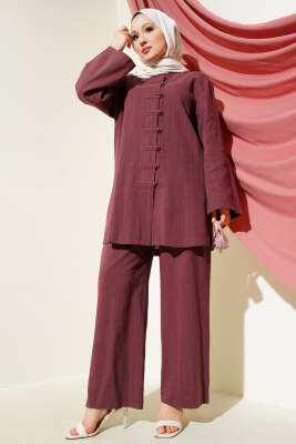 Brit Düğmeli Keten Tunik İkili Takım Bordo 