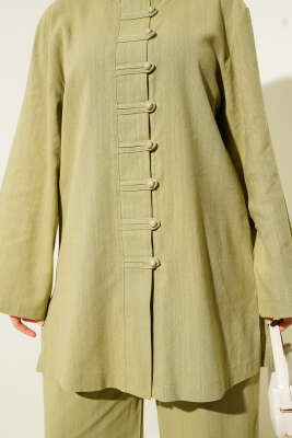 Brit Düğmeli Keten Tunik İkili Takım Çağla Yeşili - İkili Takım