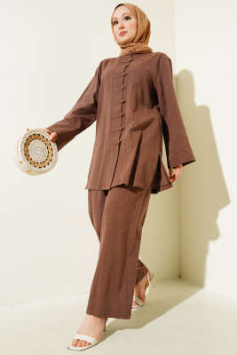 Brit Düğmeli Keten Tunik İkili Takım Kahve 