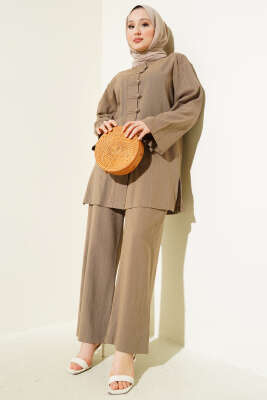 Brit Düğmeli Keten Tunik İkili Takım Vizon 