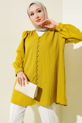 Brit Düğmeli Krinkıl Gömlek Yağ Yeşili