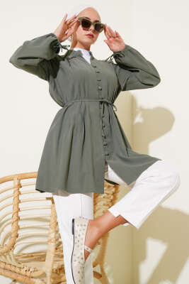 Brit Düğmeli Pileli Tensel Gömlek Çağla Yeşili