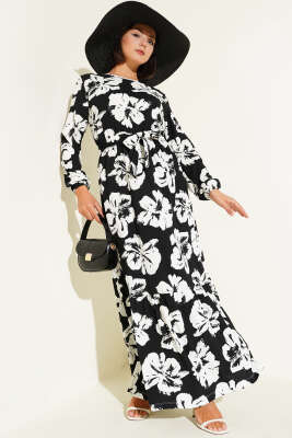 Bürümcük Çiçekli Kuşaklı Elbise Siyah