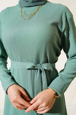 Bürümcüklü Kuşaklı Kat Elbise Çağla Yeşili - Elbise