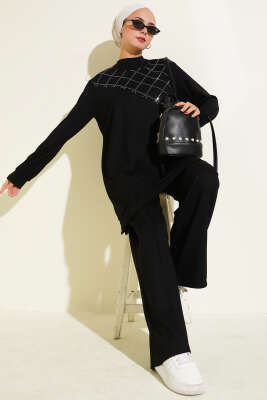 Çapraz Taş Süslemeli İkili Takım Siyah