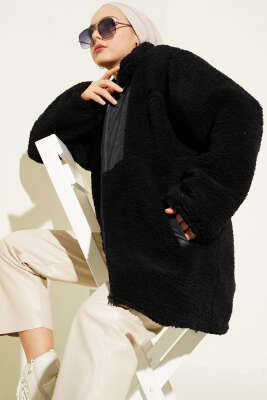 Cepli Fermuarlı Peluş Mont Siyah