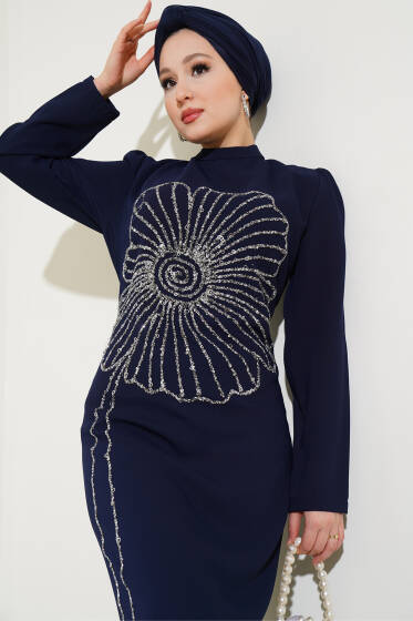 Çiçek Desen Taşlı Büyük Beden Elbise Lacivert - Elbise