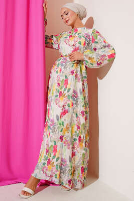 Çiçek Desenli Büzgü Pileli Elbise Yeşil - Elbise