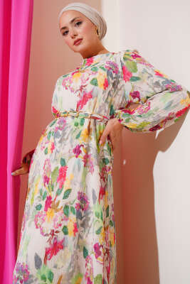 Çiçek Desenli Büzgü Pileli Elbise Yeşil - Elbise