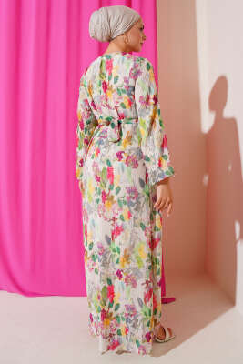 Çiçek Desenli Büzgü Pileli Elbise Yeşil - Elbise