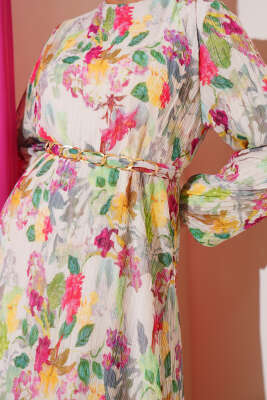 Çiçek Desenli Büzgü Pileli Elbise Yeşil - Elbise