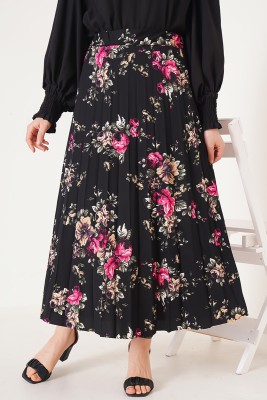 Çiçek Desenli Pileli Siyah Etek