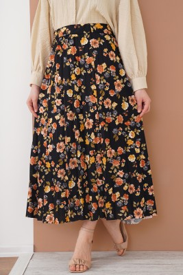 Çiçek Desenli Pileli Siyah Pudra Etek