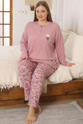 Çiçek Detaylı Büyük Beden Kadın Pijama Takımı Gül Kurusu - GLİSA