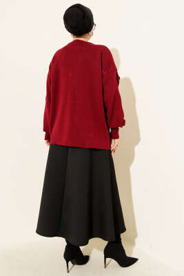 Çiçek İşlemeli Triko Kazak Bordo - Triko Kazak