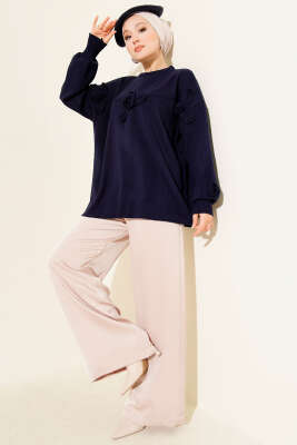 Çiçek İşlemeli Triko Kazak Lacivert - Triko Kazak