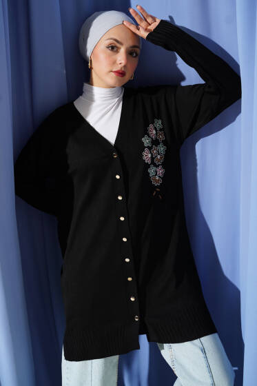 Çiçek Nakışlı Düğmeli Merserize Hırka Siyah - Hırka