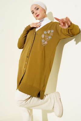 Çiçek Nakışlı Düğmeli Merserize Hırka Yağ Yeşili - NOVALÜX