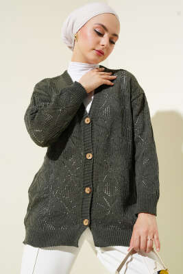 Çiçek Örgülü Düğmeli Triko Hırka Haki 