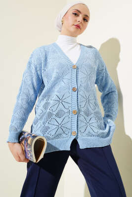 Çiçek Örgülü Düğmeli Triko Hırka Mavi 