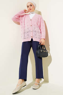 Çiçek Örgülü Düğmeli Triko Hırka Pembe - Hırka