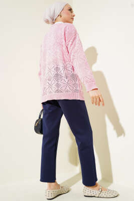 Çiçek Örgülü Düğmeli Triko Hırka Pembe - Hırka