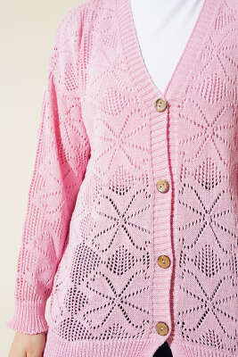 Çiçek Örgülü Düğmeli Triko Hırka Pembe - Hırka