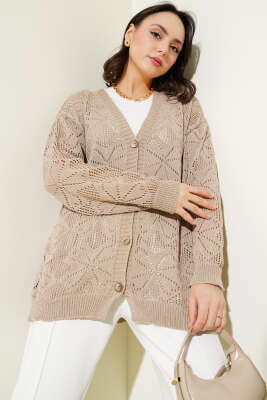 Çiçek Örgülü Düğmeli Triko Hırka Vizon 