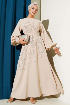 Çiçek Taş Süslemeli Abiye Elbise Bej - Abiye Elbise