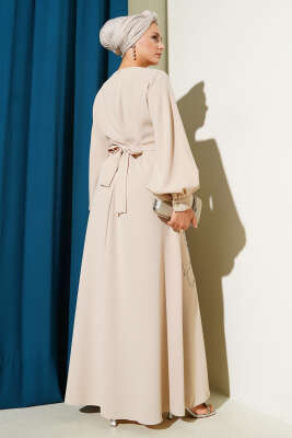 Çiçek Taş Süslemeli Abiye Elbise Bej - Abiye Elbise