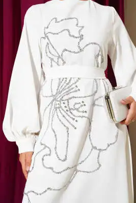 Çiçek Taş Süslemeli Abiye Elbise Beyaz - Abiye Elbise