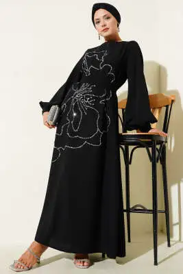 Çiçek Taş Süslemeli Abiye Elbise Siyah 