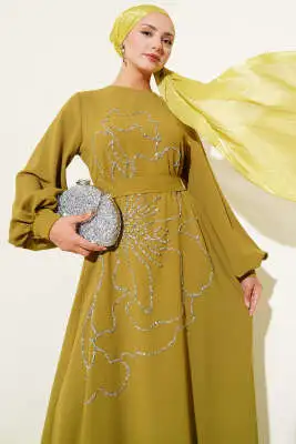 Çiçek Taş Süslemeli Abiye Elbise Yağ Yeşili - Abiye Elbise