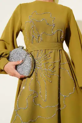 Çiçek Taş Süslemeli Abiye Elbise Yağ Yeşili - Abiye Elbise