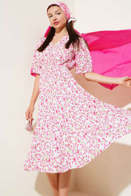 Çiçekli Bel Lastikli Kısa Kol Elbise Pembe 